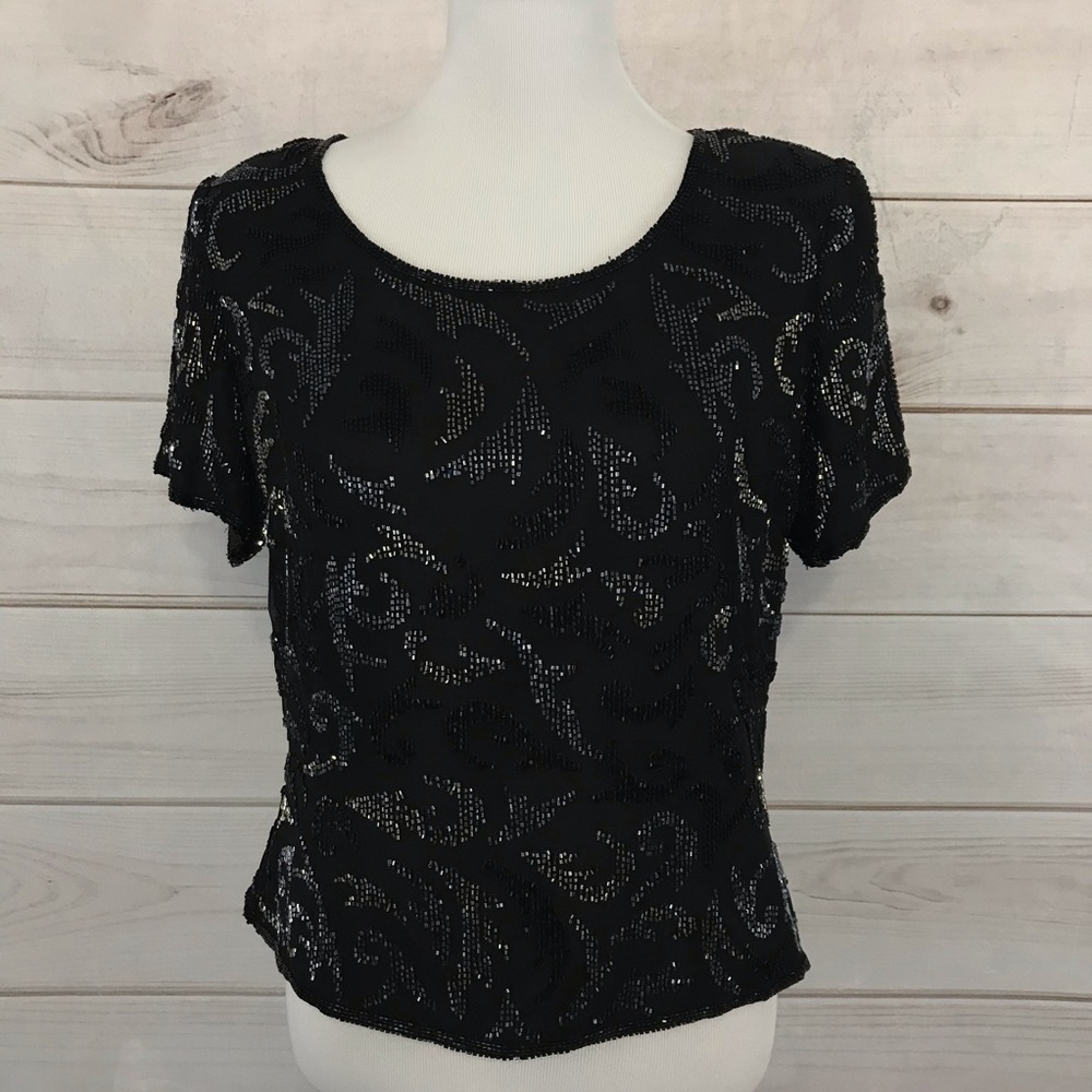 Beeta Grover SCALA Black Beaded Silk Top Size XL